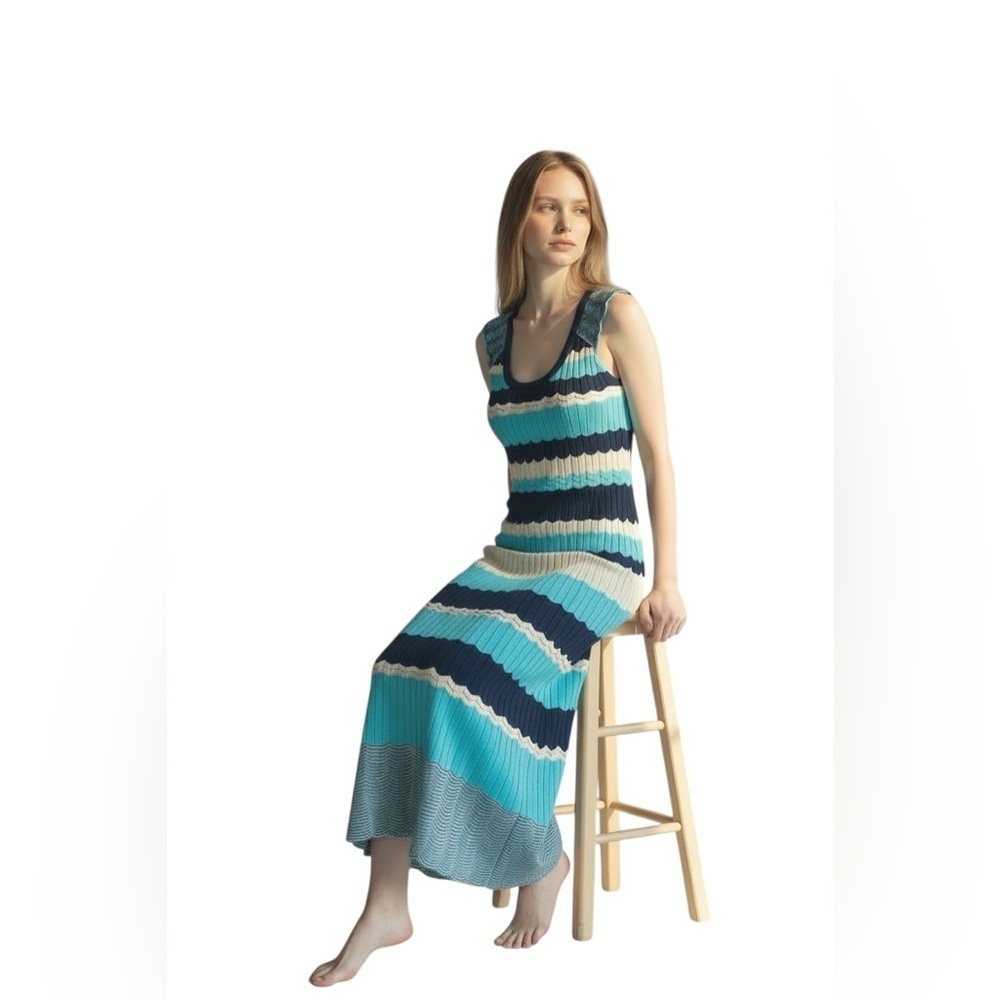Zigzag print Knit Midi Dress Turquoise multi Sleeveless Womens S Retro Beach NWT